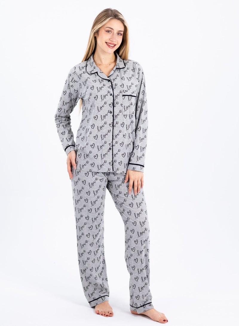zecotex  Women's Classic 2-Piece Pajama Set - Soft Cotton Sleepwear with "Love" Print & Contrast Piping - Image 1